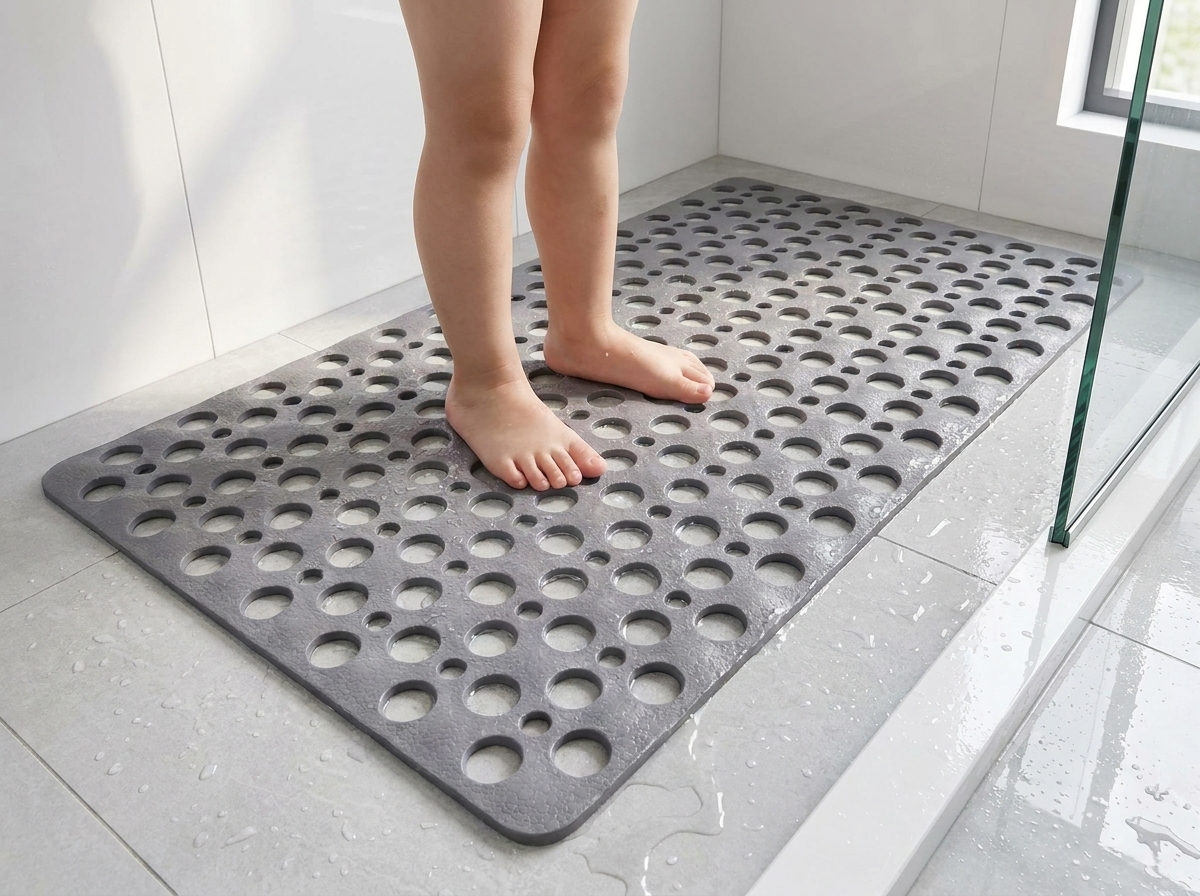 Kleine Kinderfüße stehen sicher auf der REIN Matte, das Wasser läuft durch die offenen Drainage-Löcher ab