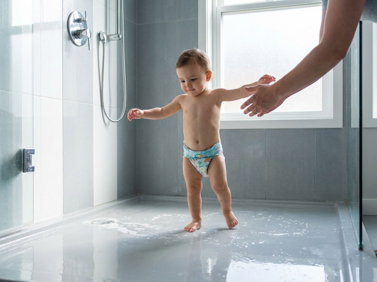 Kleines Kind steht in der nassen Badewanne, eine besorgte Elternhand bleibt sichernd in der Nähe
