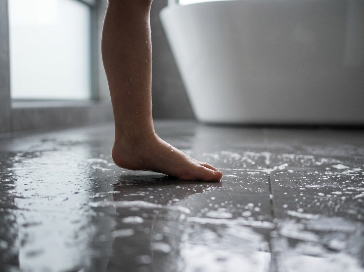 Nasse, seifige Fliesen in der Dusche, auf denen ein Kind leicht den Halt verliert